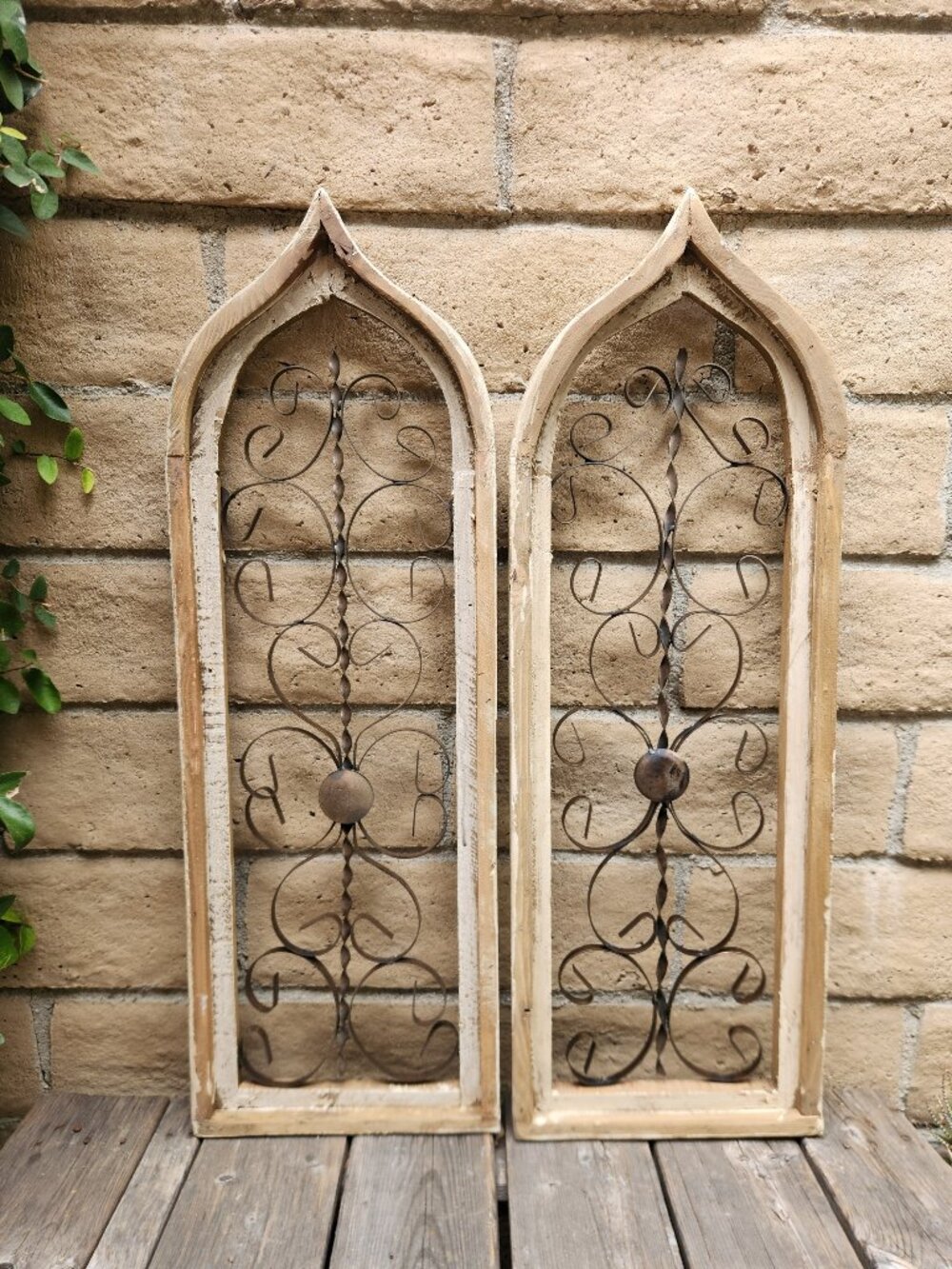 Set of 2, 34" H Pointy Messina Farmhouse Arch Distress Wood Cathedral Window